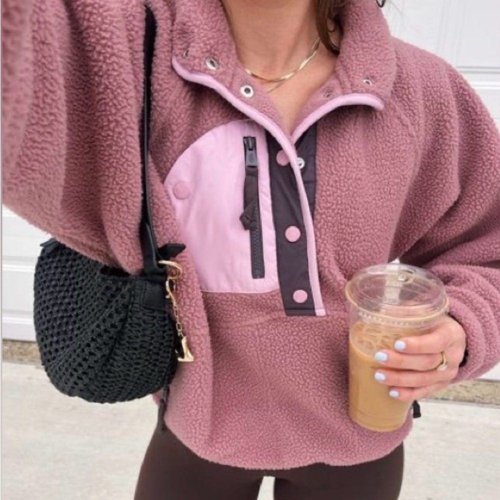 Free People New Hit The Slopes Colorblock Fleece Pullover Mocha / Pink